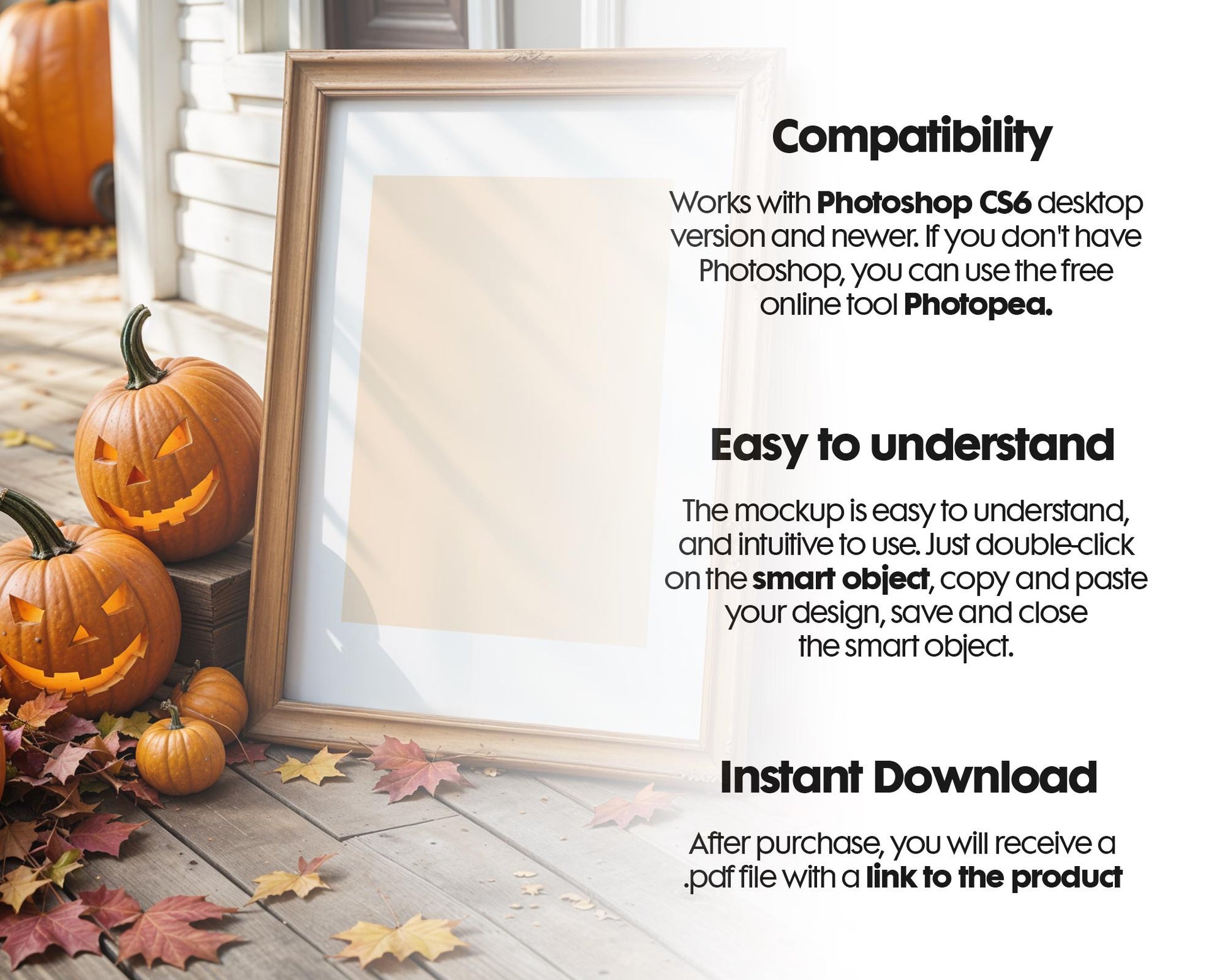 Halloween Frame Mockup PSD, Halloween Wall Art, Rustic Autumn & Pumpkins Vertical Artwork, Spooky Art Mockup,