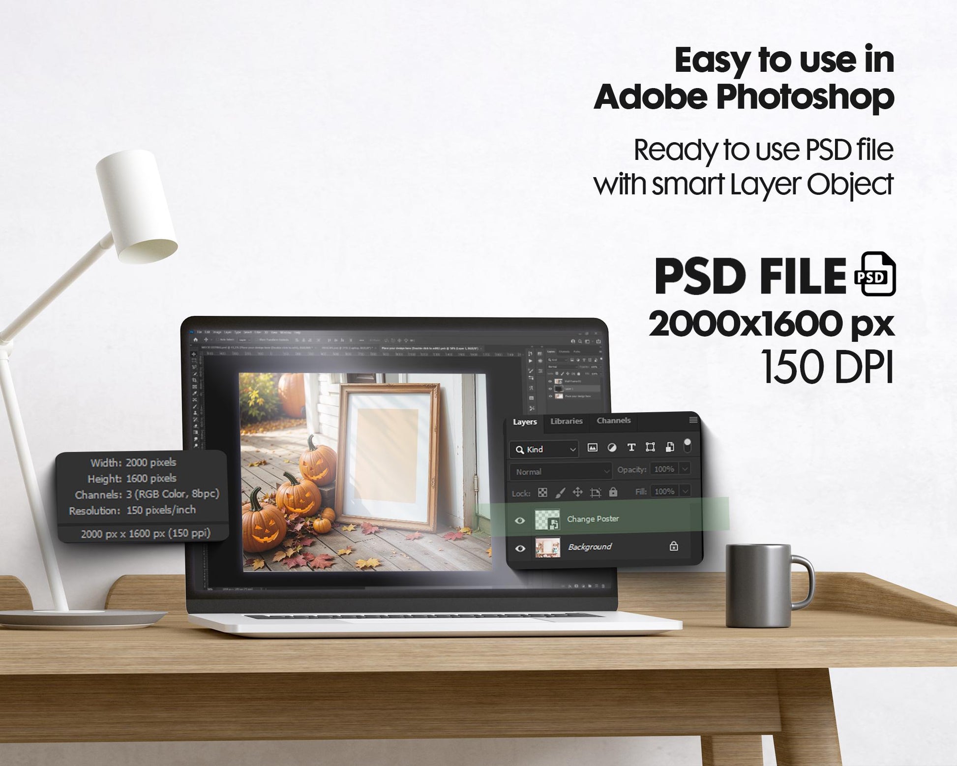 Halloween Frame Mockup PSD, Halloween Wall Art, Rustic Autumn & Pumpkins Vertical Artwork, Spooky Art Mockup,