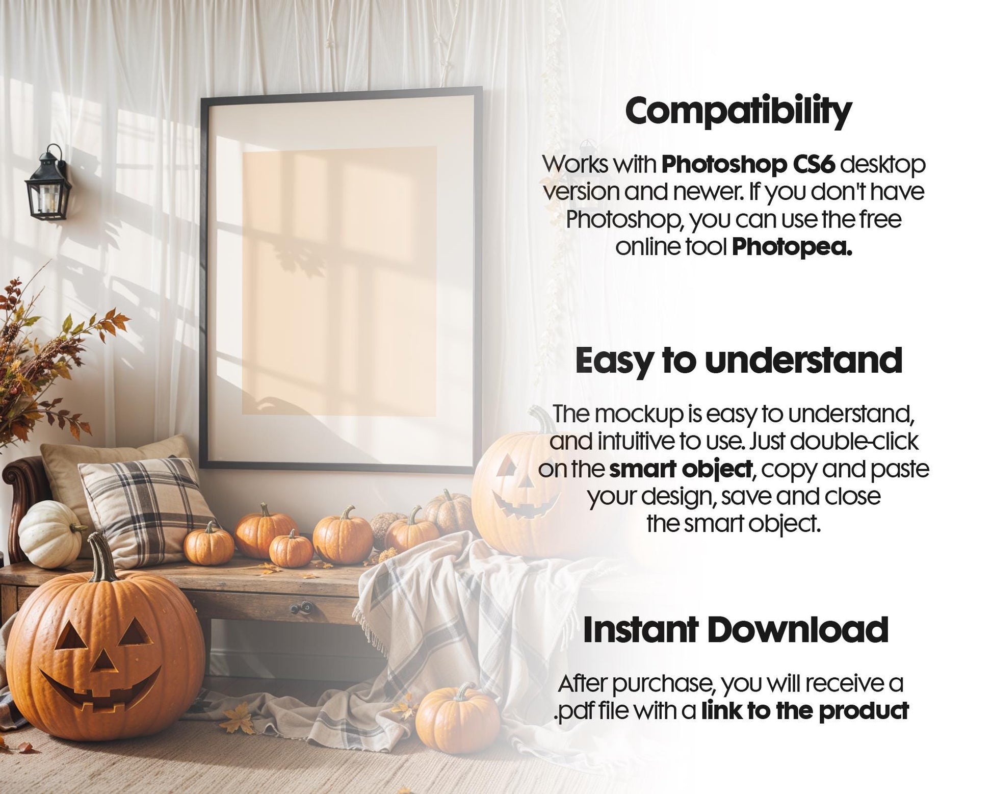 Halloween Frame Mockup PSD, Halloween Wall Art, Rustic Autumn & Pumpkins Vertical Artwork, Spooky Art Mockup,