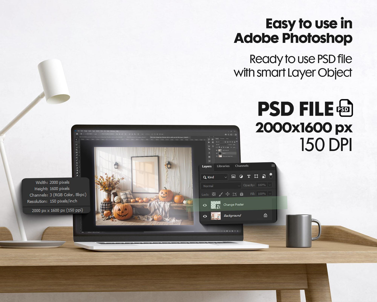 Halloween Frame Mockup PSD, Halloween Wall Art, Rustic Autumn & Pumpkins Vertical Artwork, Spooky Art Mockup,