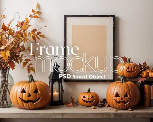 Halloween Frame Mockup PSD, Halloween Wall Art, Rustic Autumn & Pumpkins Vertical Artwork, Spooky Art Mockup,