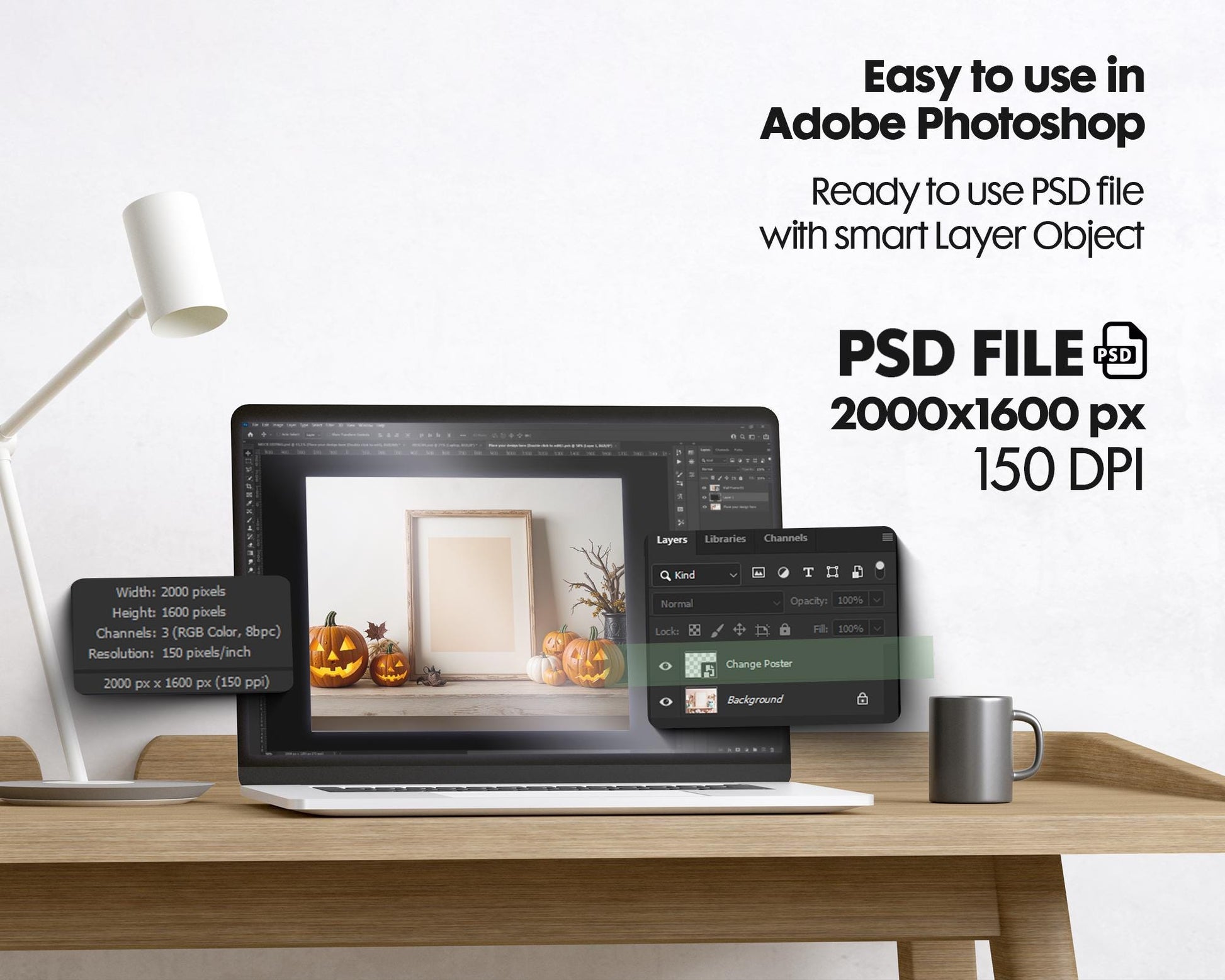 Halloween Frame Mockup PSD, Halloween Wall Art, Rustic Autumn & Pumpkins Vertical Artwork, Spooky Art Mockup,