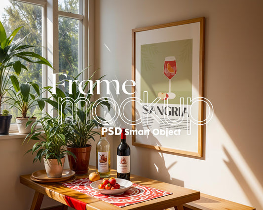 Frame Mockup in Kitchen, ISO A DIN Ratio, Thin Wood Frame, PSD Mockup, Minimal Modern Home Interior Design Mockup