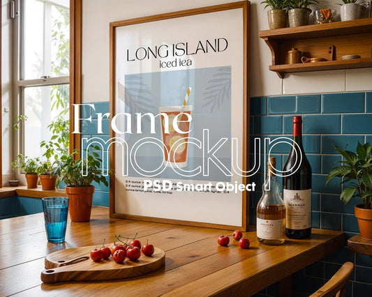 Frame Mockup in Kitchen, ISO A DIN Ratio, Thin Wood Frame, PSD Mockup, Minimal Modern Home Interior Design Mockup