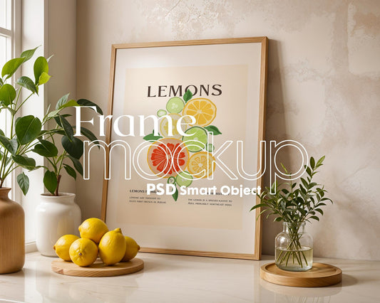 Frame Mockup in Kitchen, ISO A DIN Ratio, Thin Wood Frame, PSD Mockup, Minimal Modern Home Interior Design Mockup