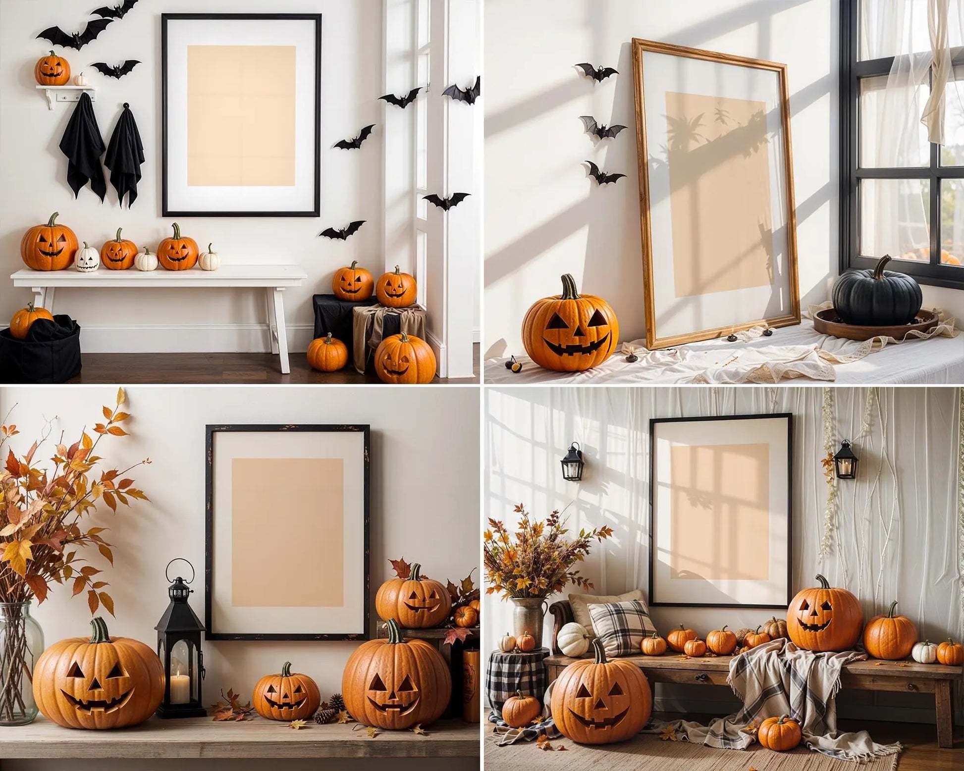 10 Halloween Frame Mockup PSD, Halloween Wall Art, Rustic Autumn & Pumpkins Vertical Artwork, Spooky Art Mockup,