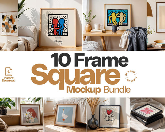 Square Frame Mockup Bundle PSD – 10 Interior Poster & Art Frame Templates for Stylish Wall Decor Display