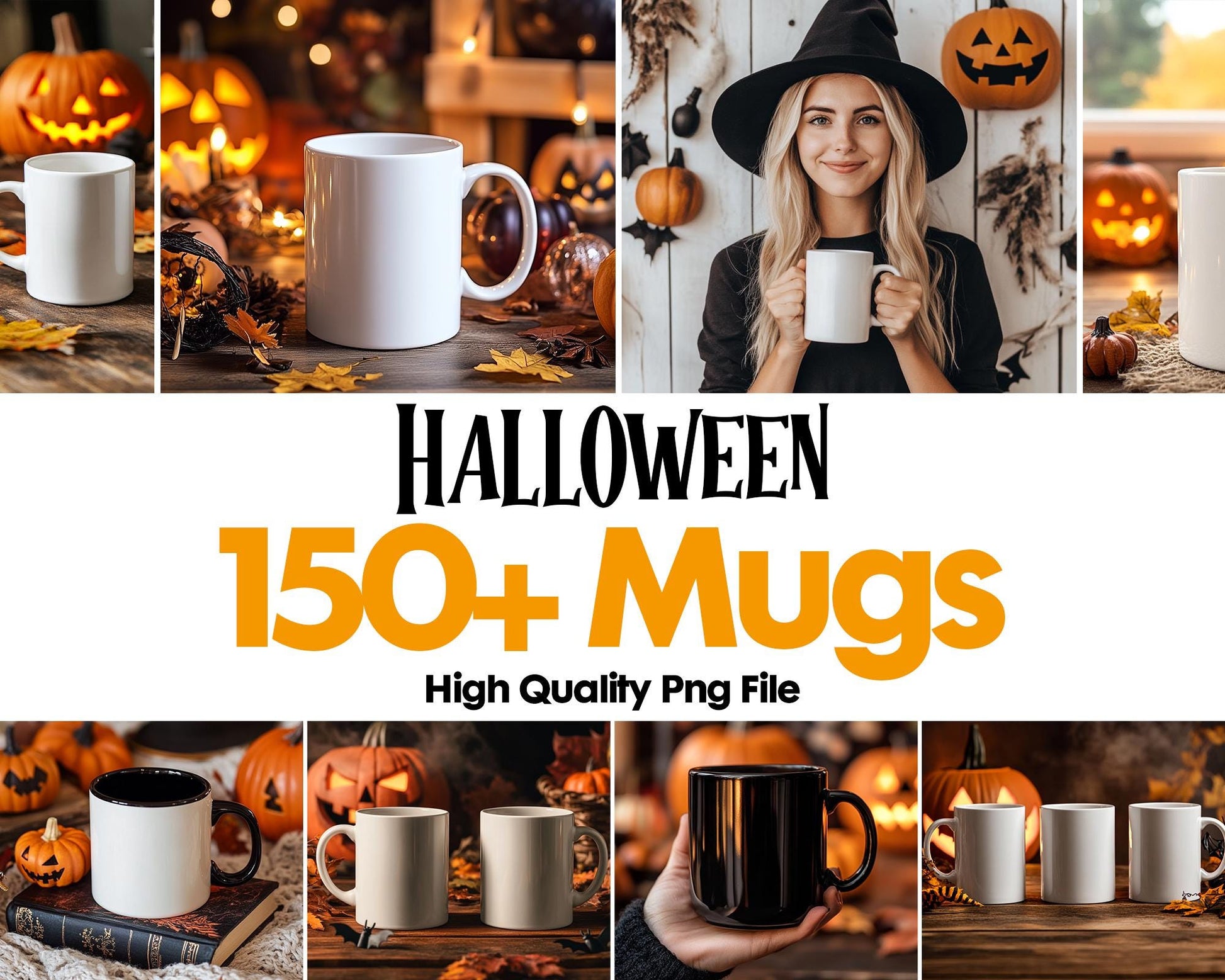 150 Halloween Mug PNG Bundle - Spooky Coffee Mug Designs, Pumpkin Witch Clipart, Mug Digital Sublimation Mockup