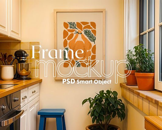 Kitchen Frame Mockup | DIN A Artwork Mockup Frames | Aesthetic Interior Vertical Wood Frame Mockup | Poster Mockup Templete PSD