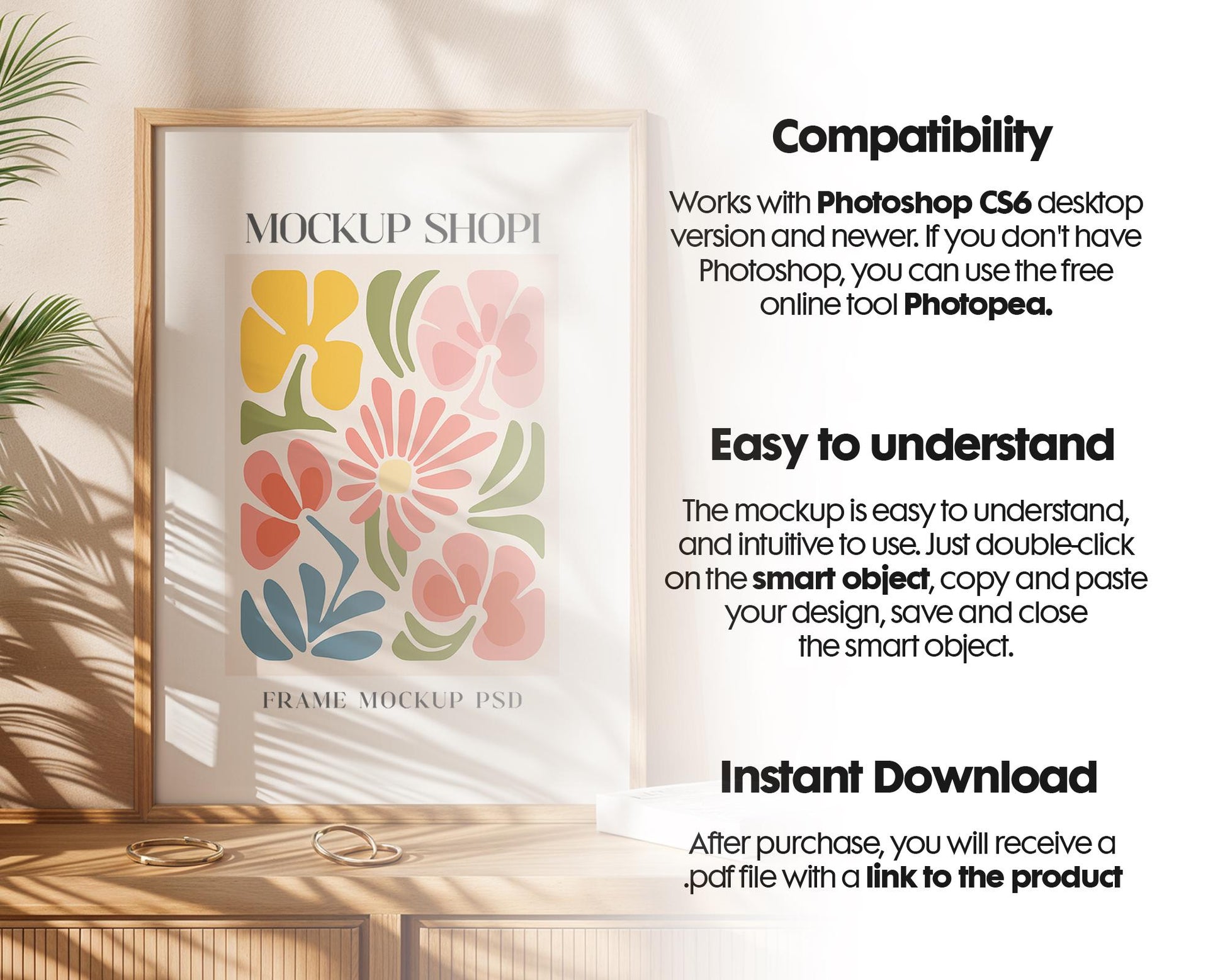 Blank Wooden Poster Frame Mockup, Minimalist Frame Mockup for Digital Download, Posters and Artwork Smart Object Instant Download