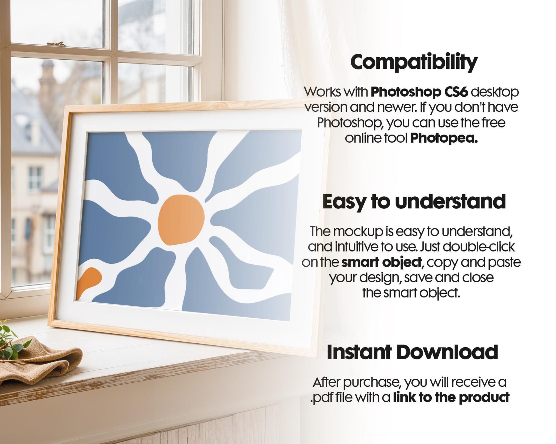 Landscape Frame Leaning On Window Sill Mockup | Mockup PSD Smart Object Interior Mockup Frame Mockup PSD Template