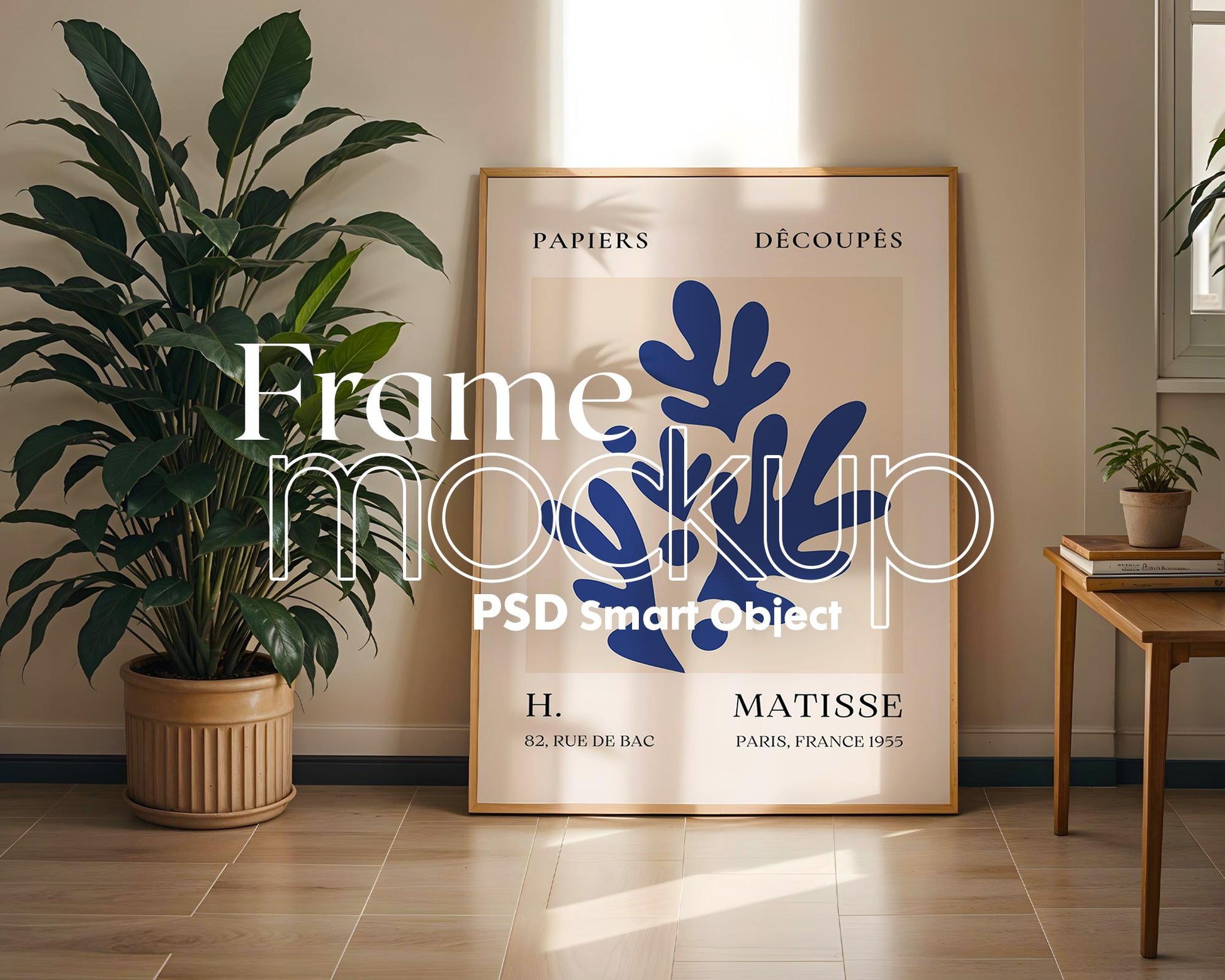 Landscape White Frame Leaning On Window Sill Mockup | Mockup PSD Smart Object Interior Mockup White Frame Mockup PSD Template