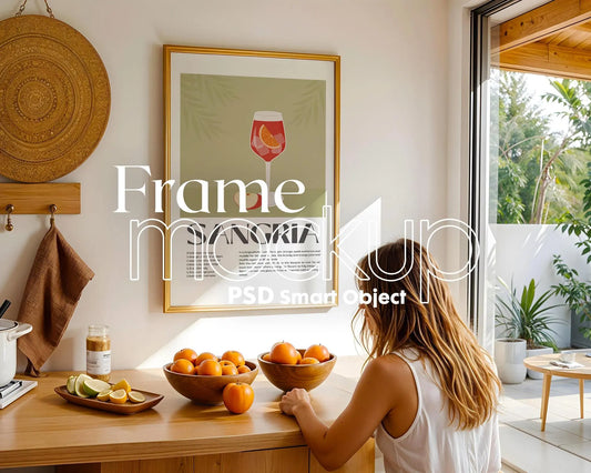 Frame Mockup in Kitchen, ISO A DIN Ratio, Thin Wood Frame, PSD Mockup, Minimal Modern Home Interior Design Mockup