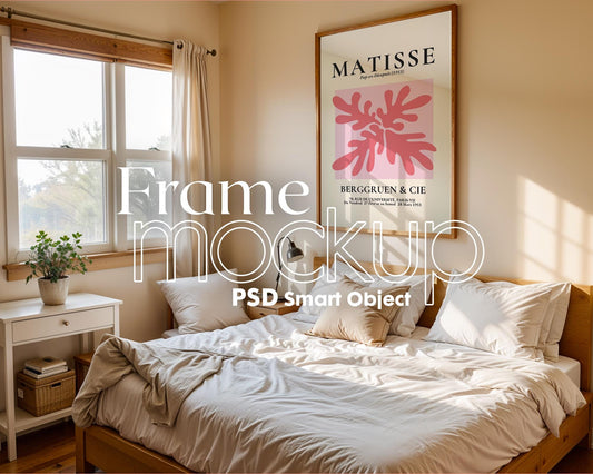 Bedroom Frame Mockup PSD, Soft Aesthetic Bedroom Mockup Frame, Vertical Frame Mockup Bedroom, Glass Reflection Mockup, PSD Smart Object
