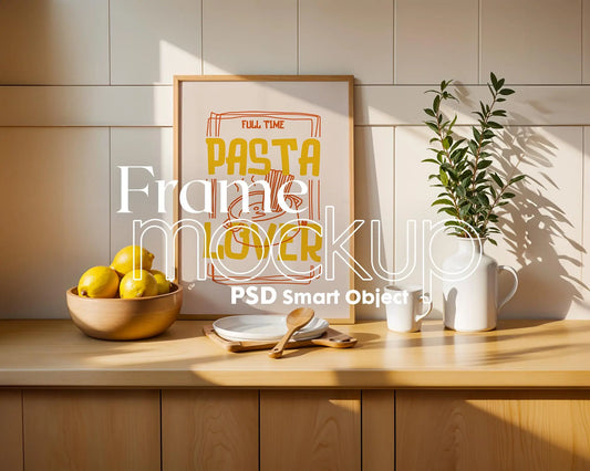 Frame Mockup in Kitchen, ISO A DIN Ratio, Thin Wood Frame, PSD Mockup, Minimal Modern Home Interior Design Mockup