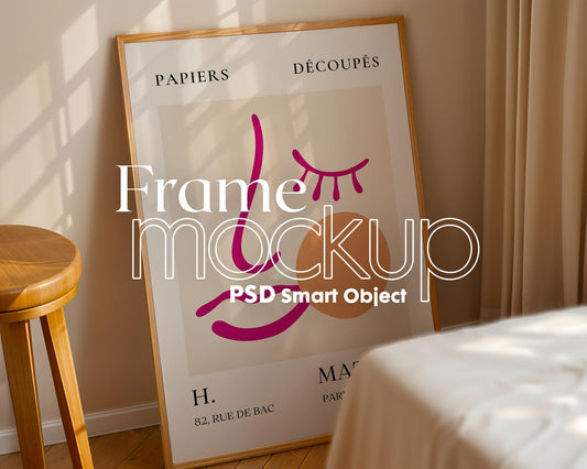 Frame Mockup in Bedroom, ISO A DIN Ratio, Thin Wood Frame, PSD Mockup, Frame Mockup Minimal Home Interior