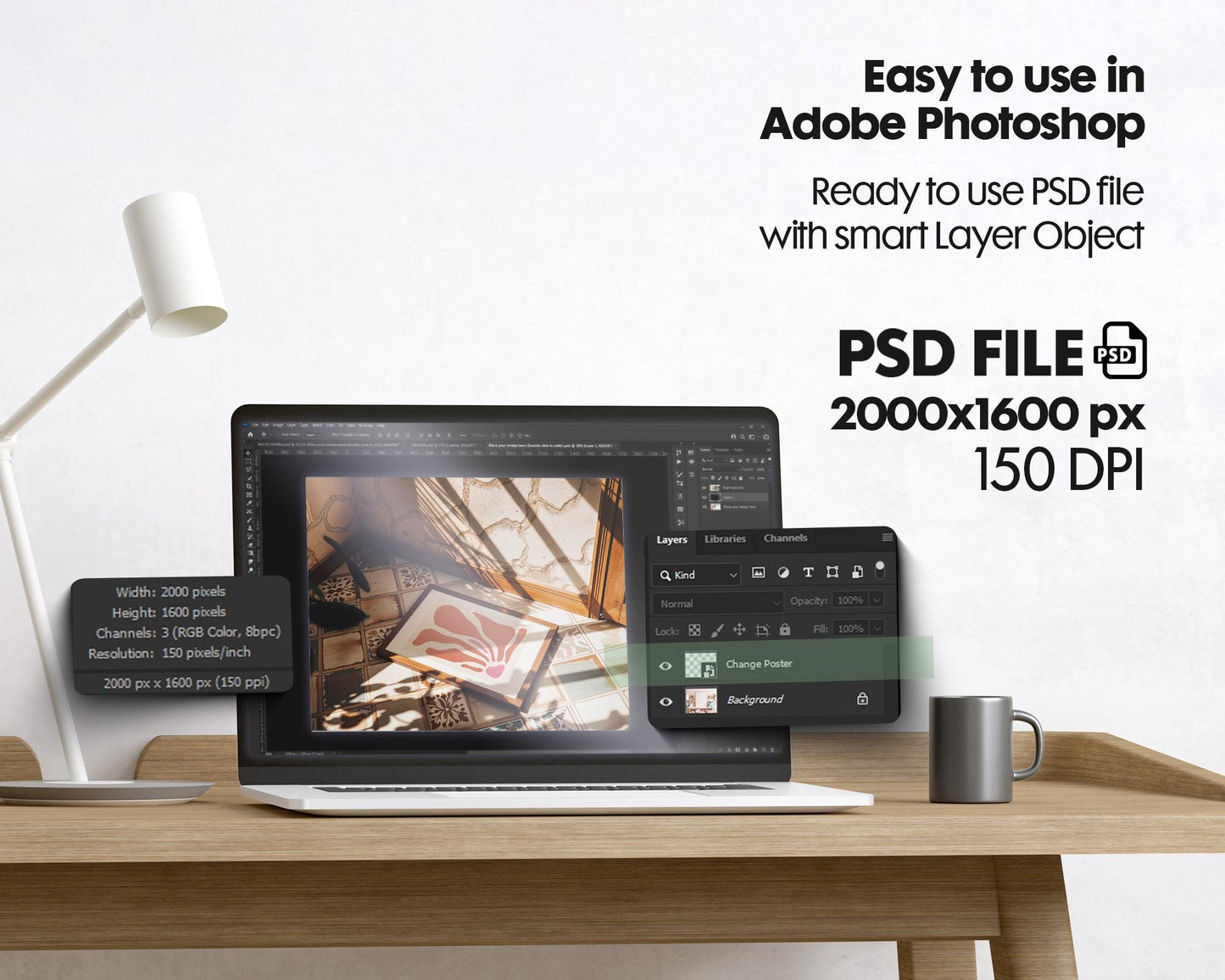 Horizontal Frame Mockup PSD, Scandinavian Wooden Frame Mockup, Poster Mockup PSD , Frame Mockup for Print, Frame Mockup Smart Object