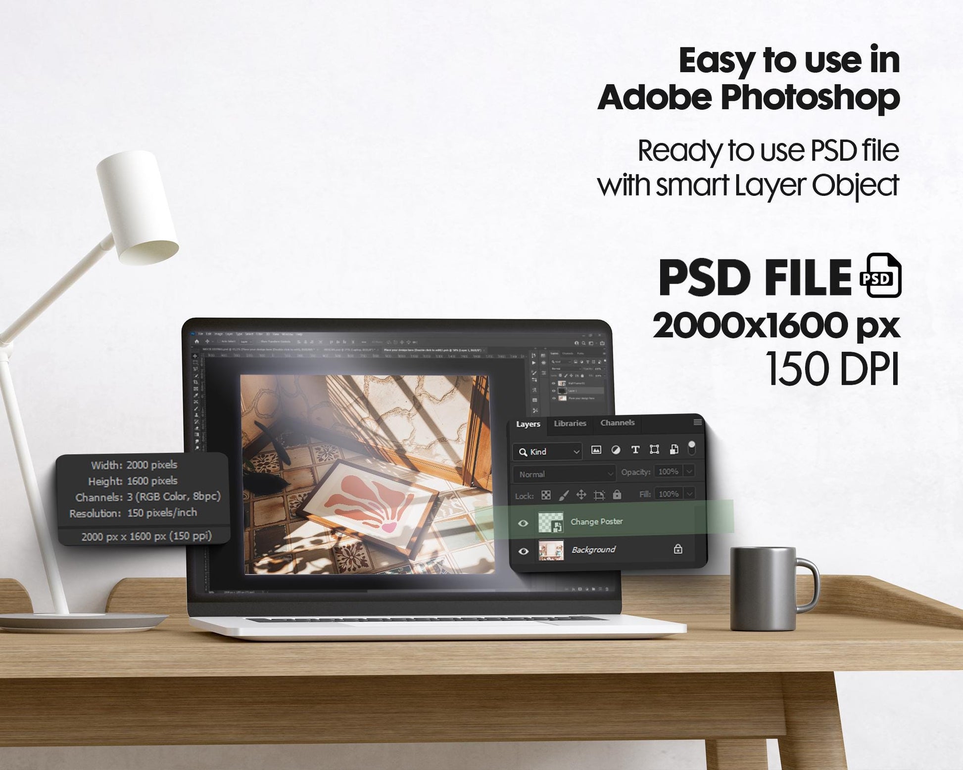 Horizontal Frame Mockup PSD, Scandinavian Wooden Frame Mockup, Poster Mockup PSD , Frame Mockup for Print, Frame Mockup Smart Object