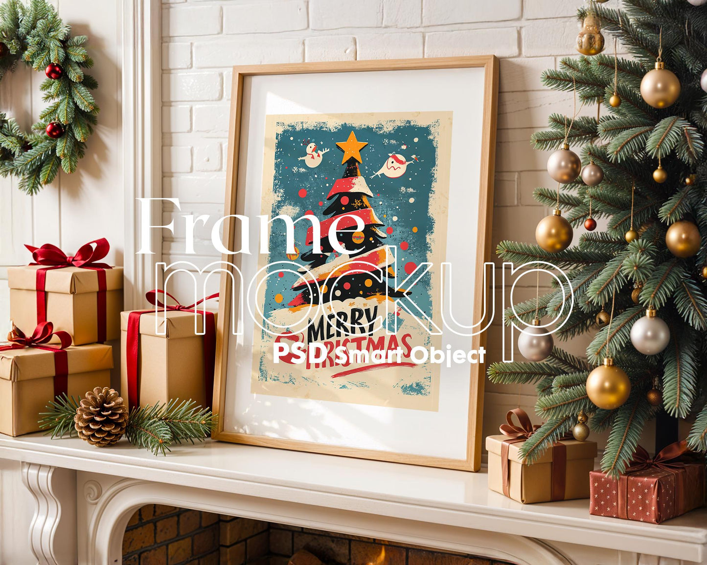 Christmas Frame Mockup PSD, Christmas Holiday Frame Mockup, Christmas Mockup Poster Presentation, Christmas Interior Frame Mockup