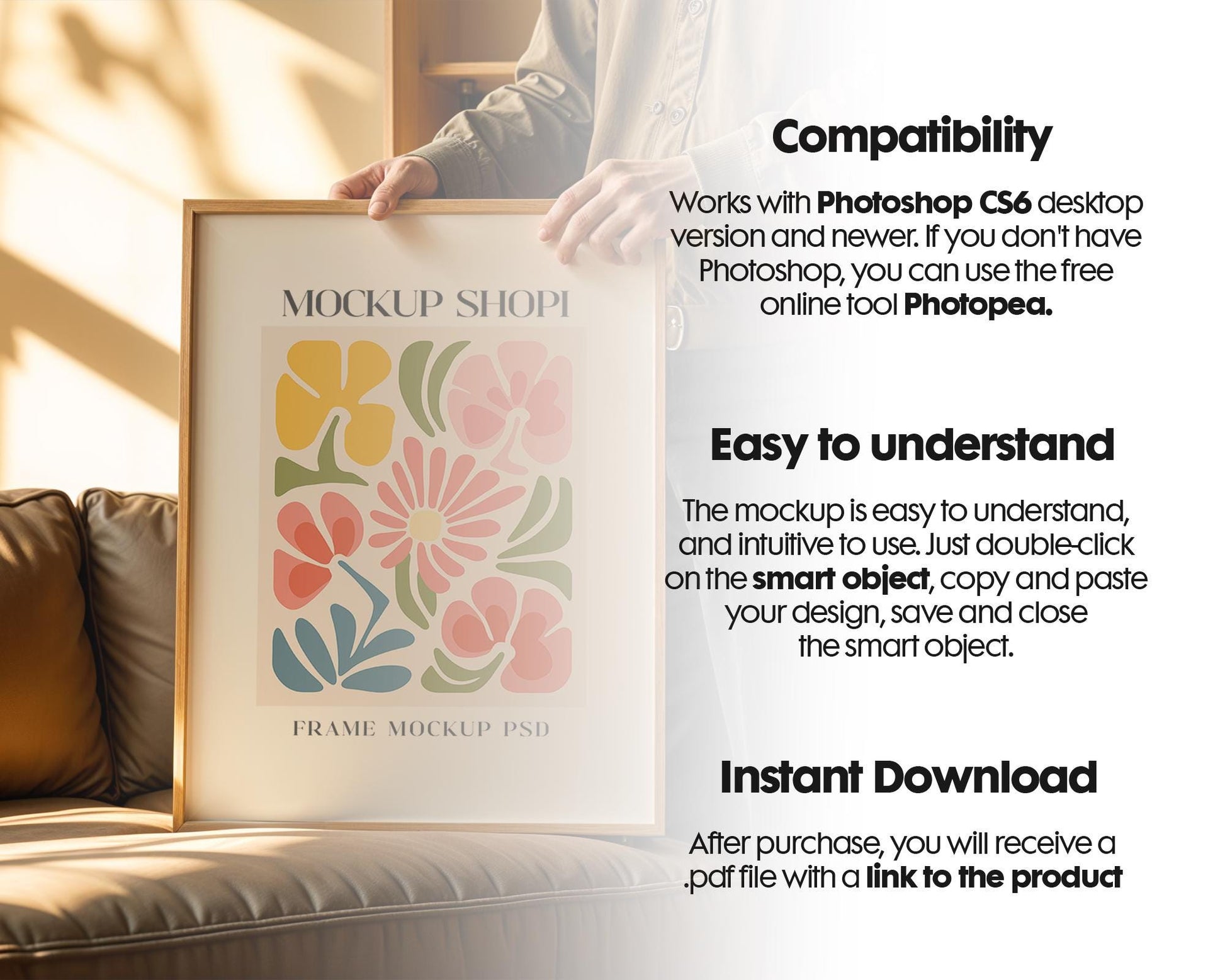Blank Wooden Poster Frame Mockup, Minimalist Frame Mockup for Digital Download, Posters and Artwork Smart Object Instant Download