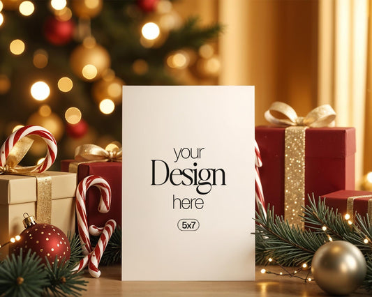 Christmas Card Mockup, White Blank Card Mockup PSD, Invite Card Mockup, Festive Greeting Card Mockup, PSD Smart Object