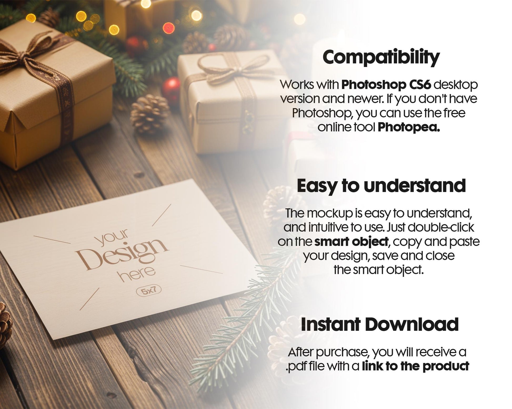 Christmas Card Mockup, White Blank Card Mockup PSD, Invite Card Mockup, Festive Greeting Card Mockup, PSD Smart Object