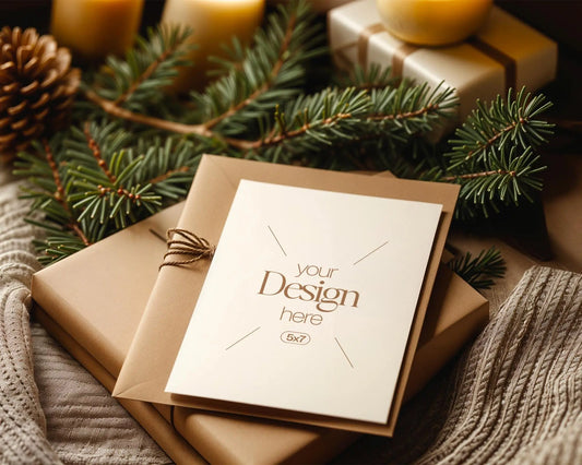 Christmas Card Mockup, White Blank Card Mockup PSD, Invite Card Mockup, Festive Greeting Card Mockup, PSD Smart Object