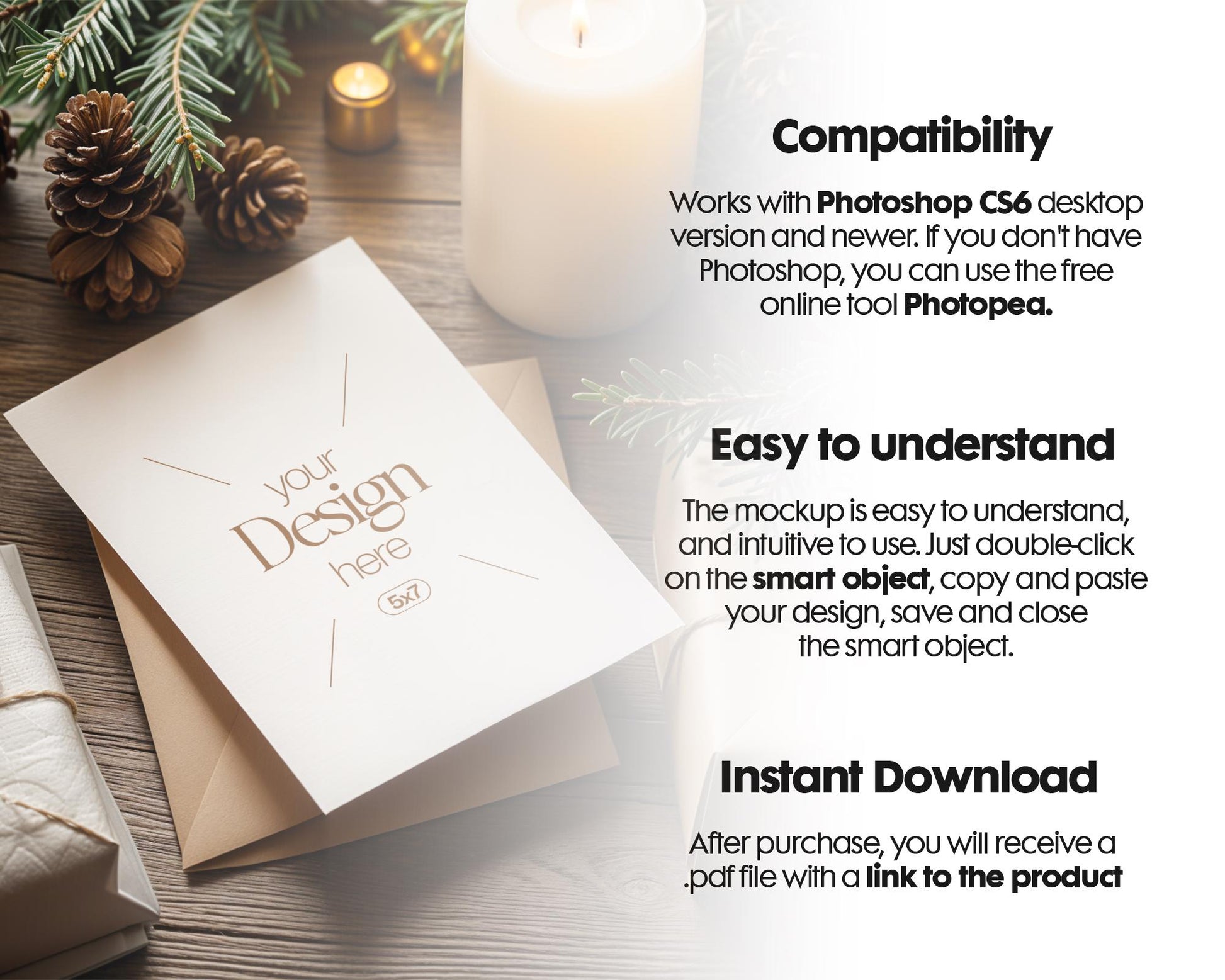 Christmas Card Mockup, White Blank Card Mockup PSD, Invite Card Mockup, Festive Greeting Card Mockup, PSD Smart Object