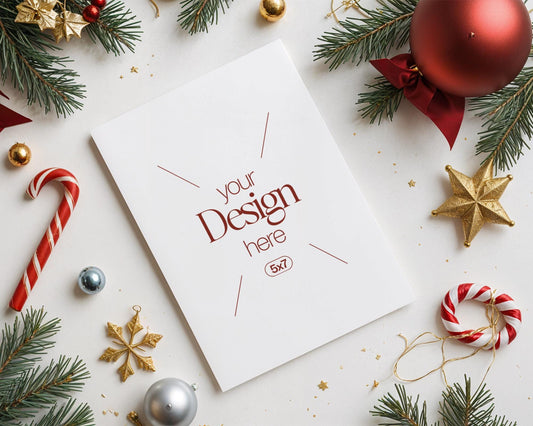 Christmas Card Mockup, White Blank Card Mockup PSD, Invite Card Mockup, Festive Greeting Card Mockup, PSD Smart Object