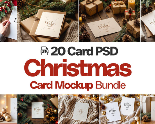 20 Christmas Card Mockup Bundle , White Blank Card Mockup PSD, Invite Card Mockup, Festive Greeting Card Mockup, PSD Smart Object