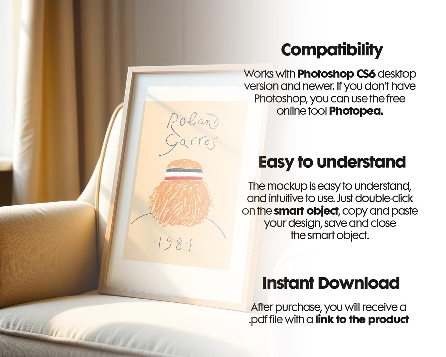 Blank Wooden Poster Frame Mockup, Minimalist Frame Mockup for Digital Download, Posters and Artwork Smart Object Instant Download