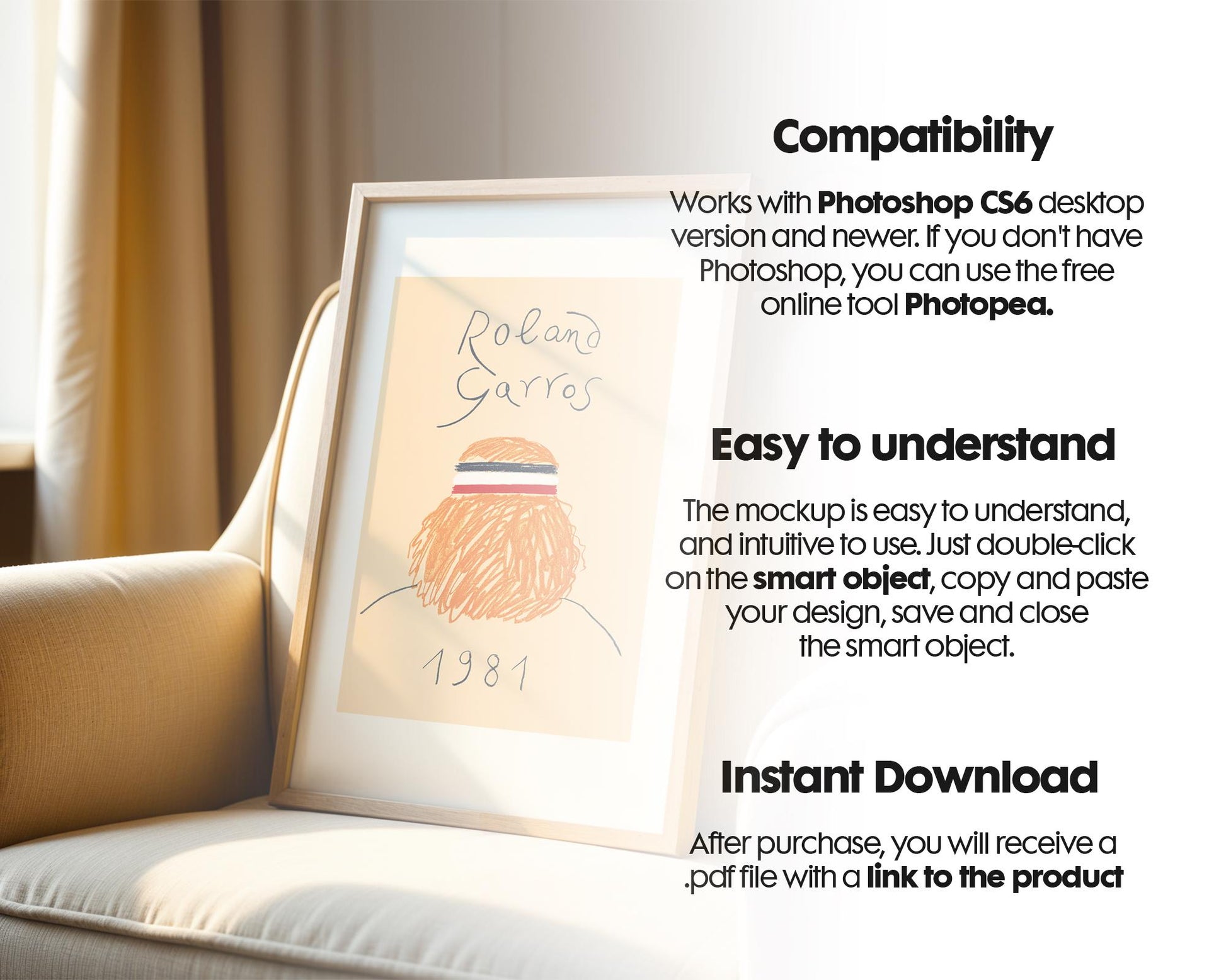 Blank Wooden Poster Frame Mockup, Minimalist Frame Mockup for Digital Download, Posters and Artwork Smart Object Instant Download