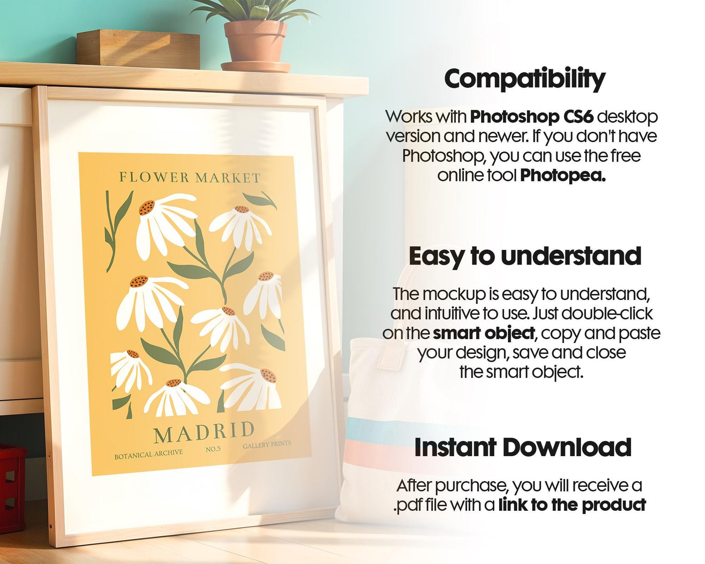 Blank Wooden Poster Frame Mockup, Minimalist Frame Mockup for Digital Download, Posters and Artwork Smart Object Instant Download