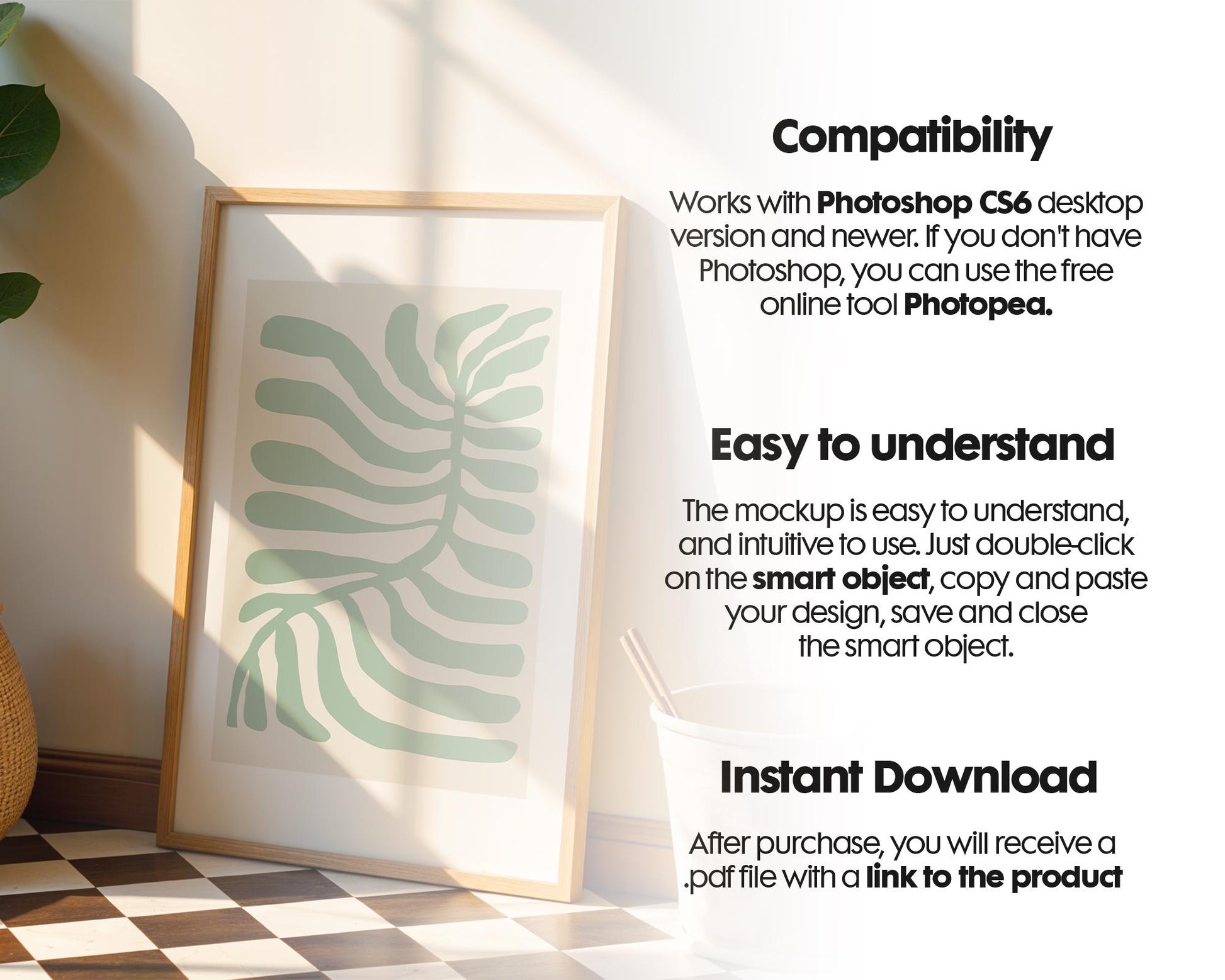 Blank Wooden Poster Frame Mockup, Minimalist Frame Mockup for Digital Download, Posters and Artwork Smart Object Instant Download