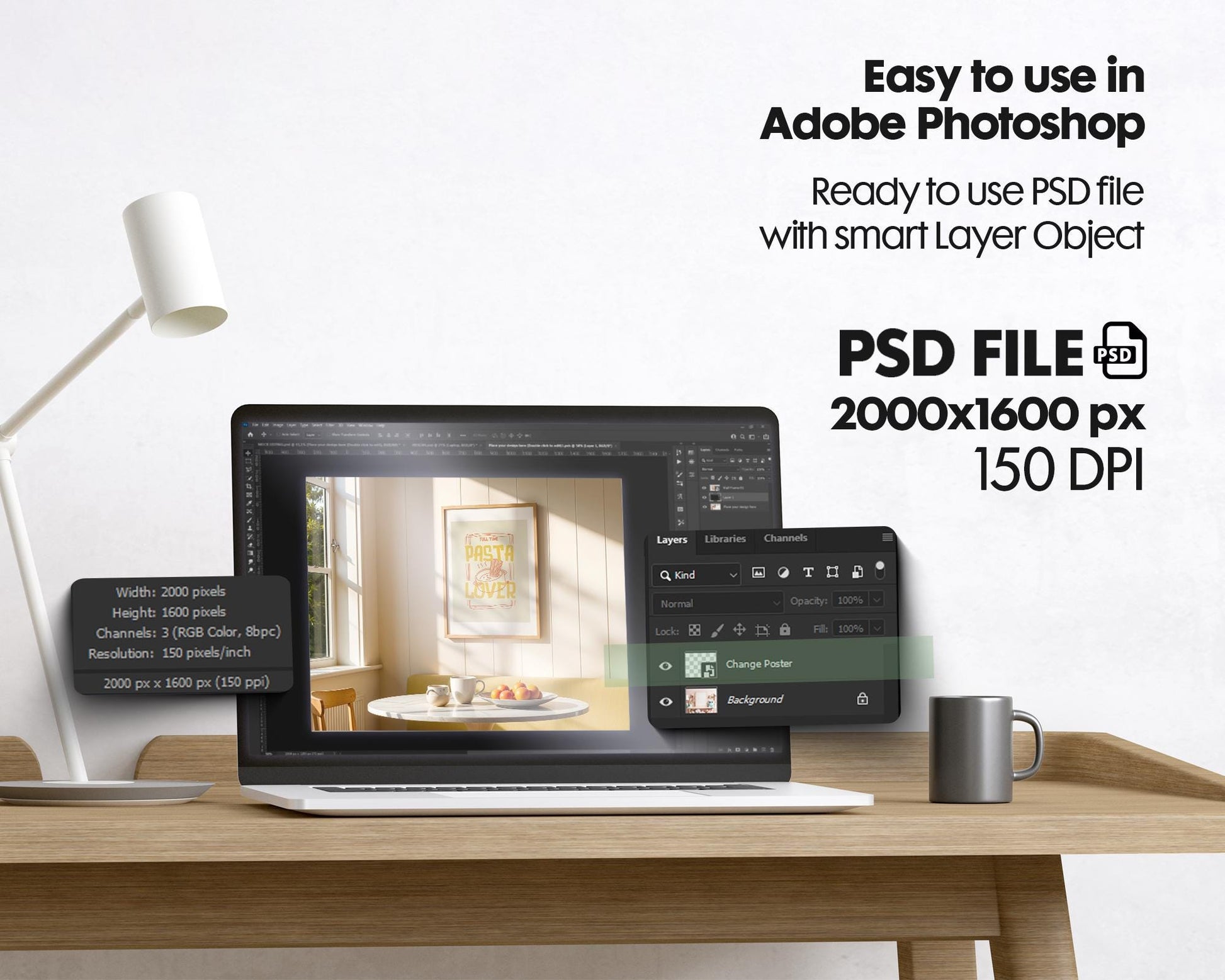 Frame Mockup in Kitchen, ISO A DIN Ratio, Thin Wood Frame, PSD Mockup, Minimal Modern Home Interior Design Mockup