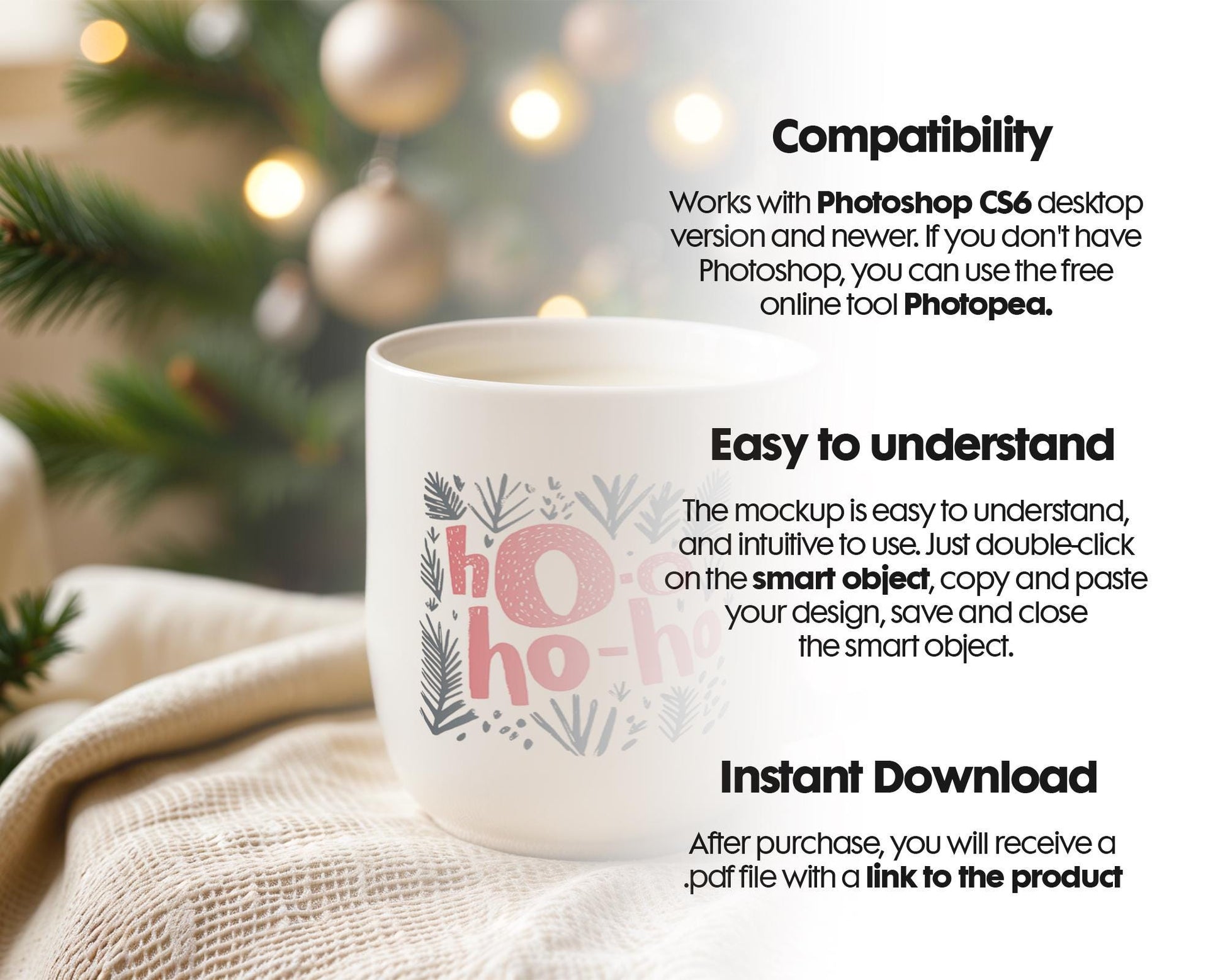 Christmas Mug Mockup PSD, Winter White Ceramic Cup Mockup Coffee Mug Mockups, White Coffee Mug 11oz Holidays Mockup