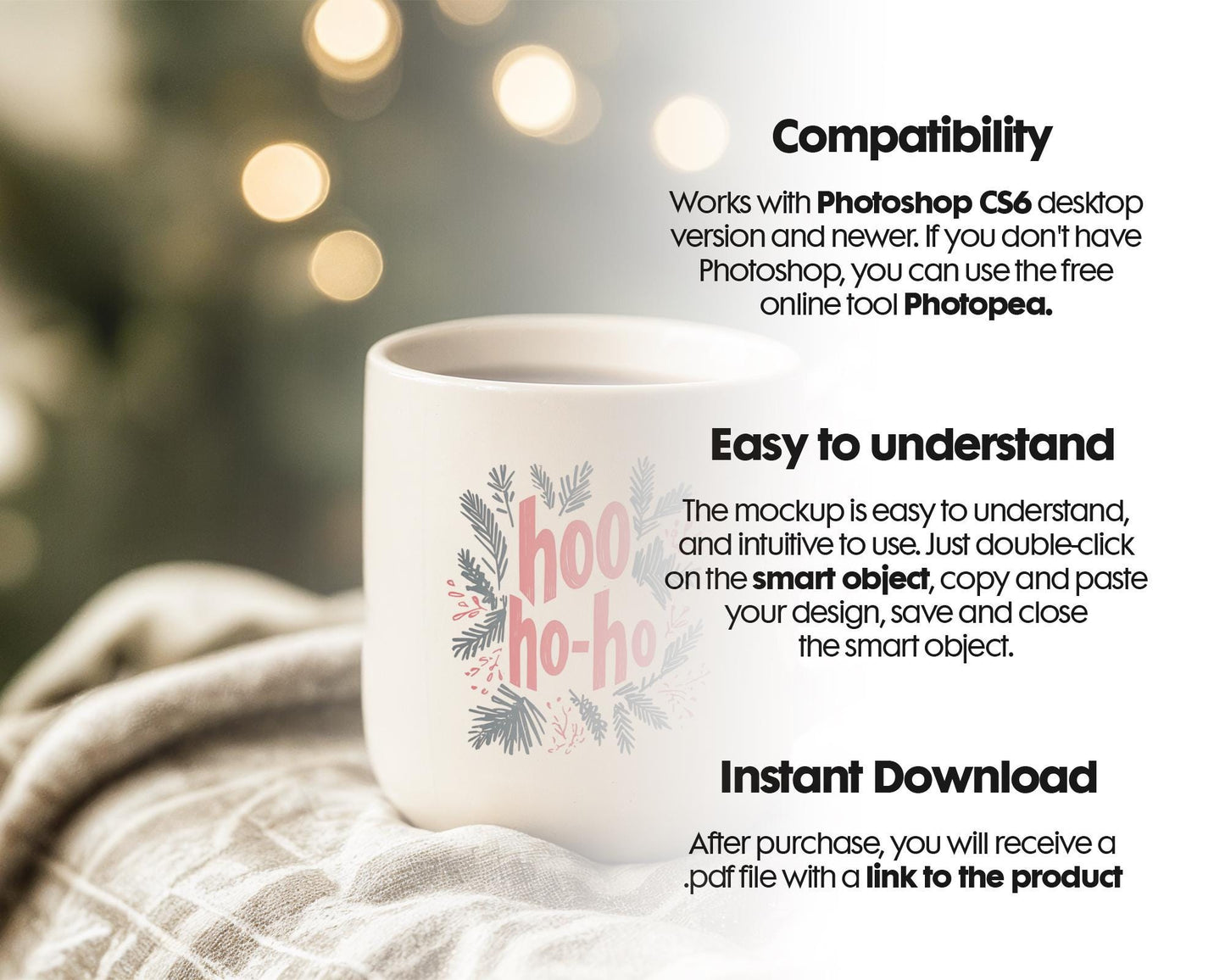 Christmas Mug Mockup PSD, Winter White Ceramic Cup Mockup Coffee Mug Mockups, White Coffee Mug 11oz Holidays Mockup