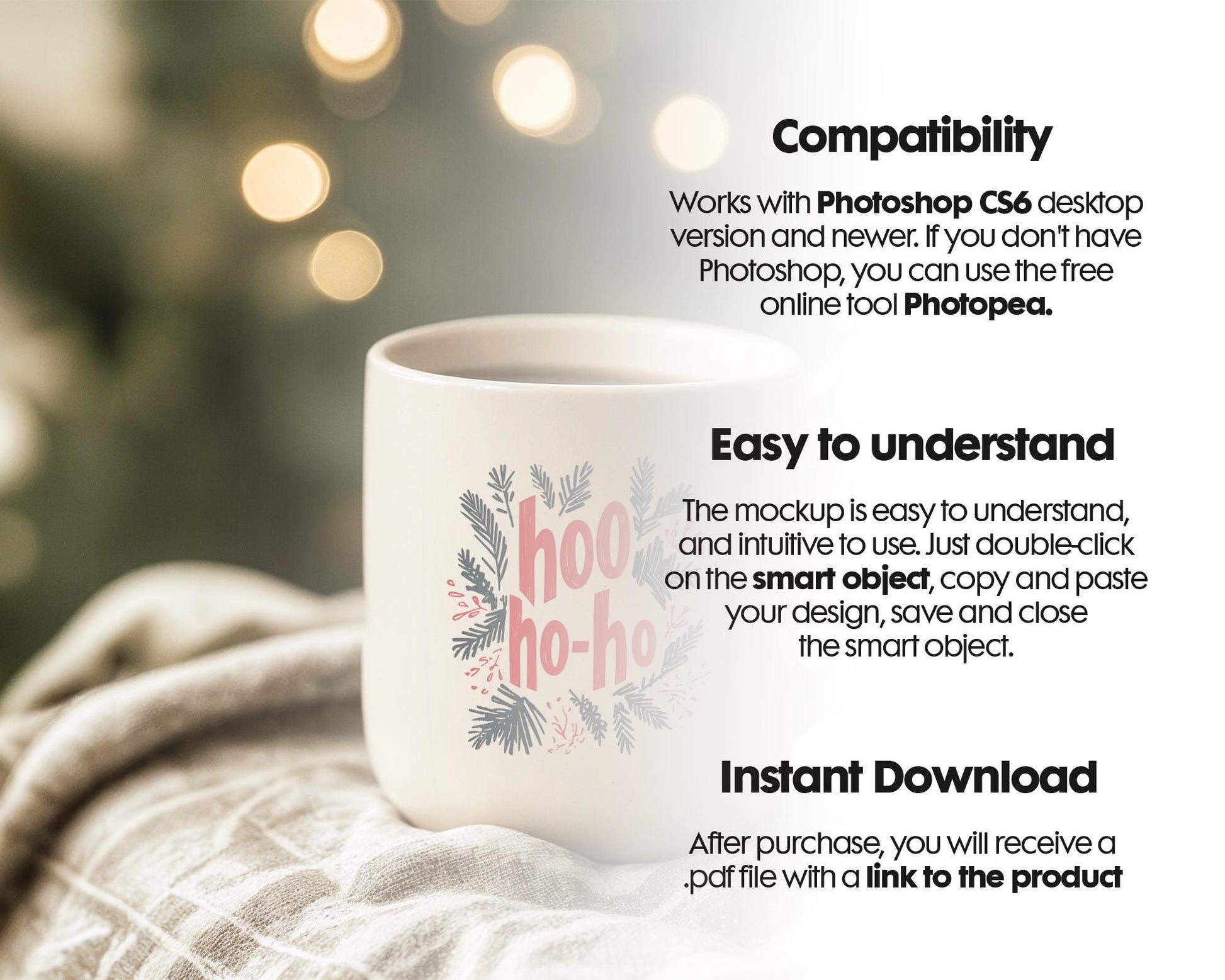 Christmas Mug Mockup PSD, Winter White Ceramic Cup Mockup Coffee Mug Mockups, White Coffee Mug 11oz Holidays Mockup