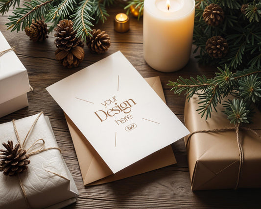 Christmas Card Mockup, White Blank Card Mockup PSD, Invite Card Mockup, Festive Greeting Card Mockup, PSD Smart Object