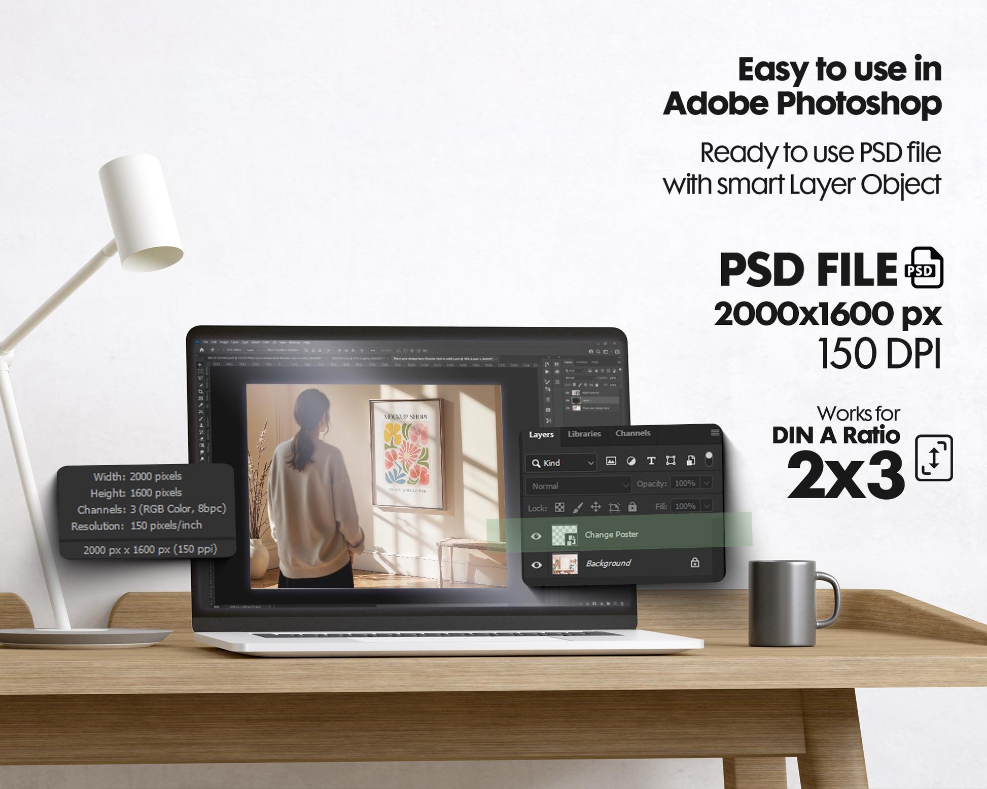 Soft Aesthetic Interior Frame Mockup, Thin Wood Frame, PSD Mockup, Frame Mockup Midcentury Minimal Home Interior