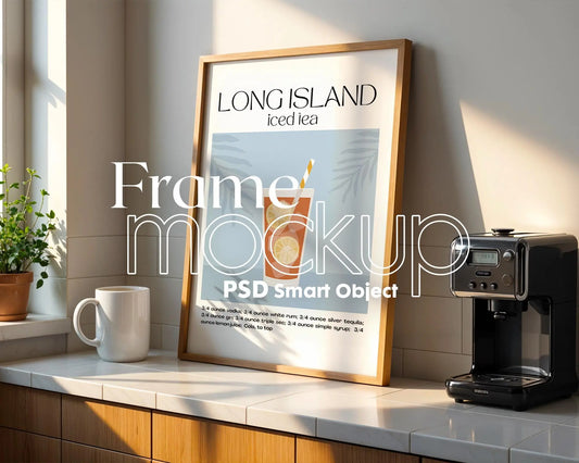 Kitchen Frame Mockup | DIN A Artwork Mockup Frames | Aesthetic Interior Vertical Wood Frame Mockup | Poster Mockup Templete PSD