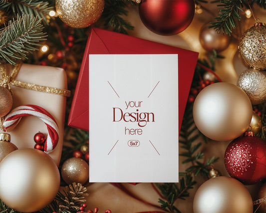 Christmas Card Mockup, White Blank Card Mockup PSD, Invite Card Mockup, Festive Greeting Card Mockup, PSD Smart Object