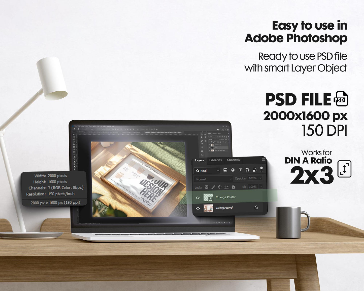 Horizontal Frame Mockup PSD, Scandinavian Wooden Frame Mockup, Poster Mockup PSD , Frame Mockup for Print, Frame Mockup Smart Object