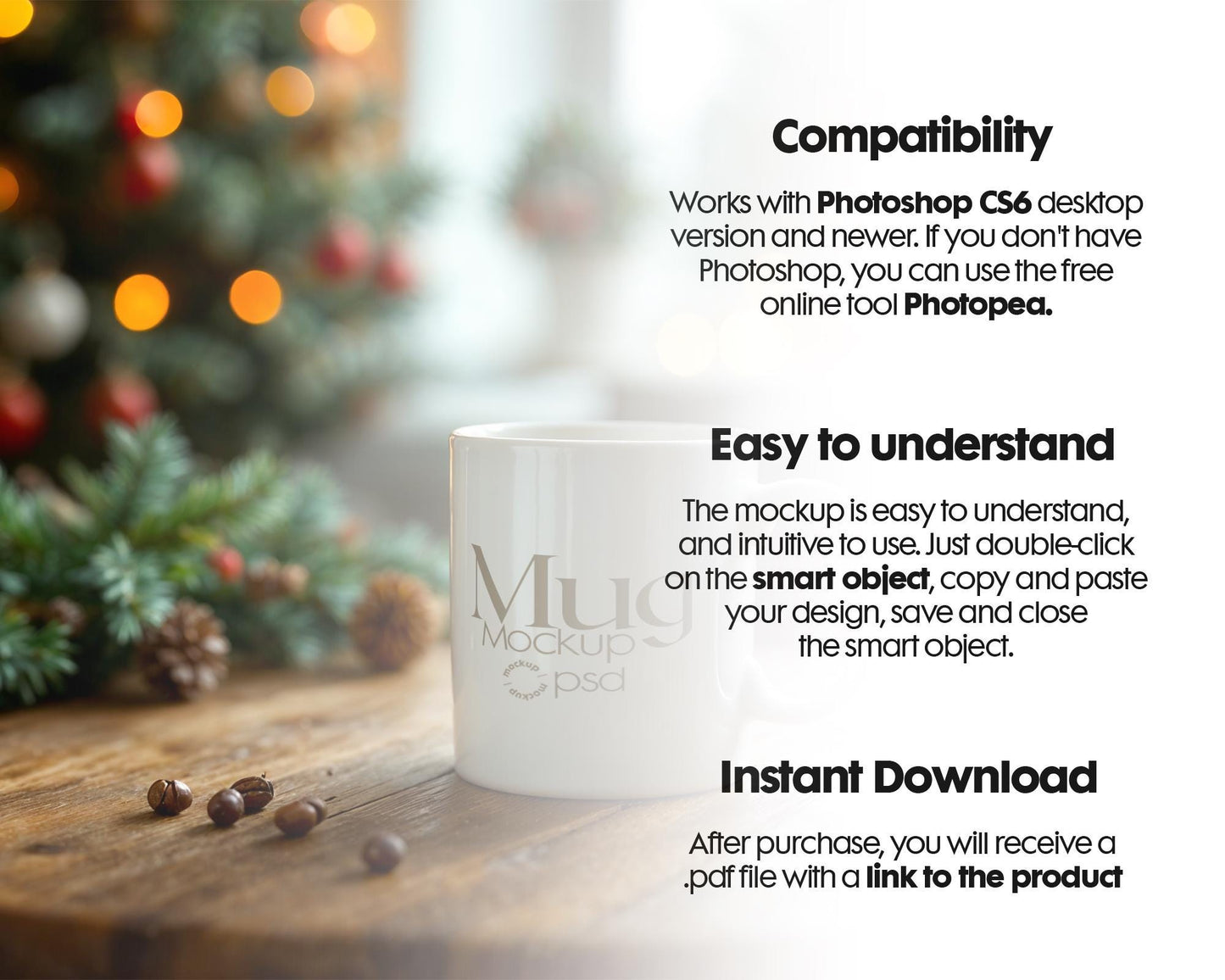 Christmas Mug Mockup PSD, Winter White Ceramic Cup Mockup Coffee Mug Mockups, White Coffee Mug 11oz Holidays Mockup