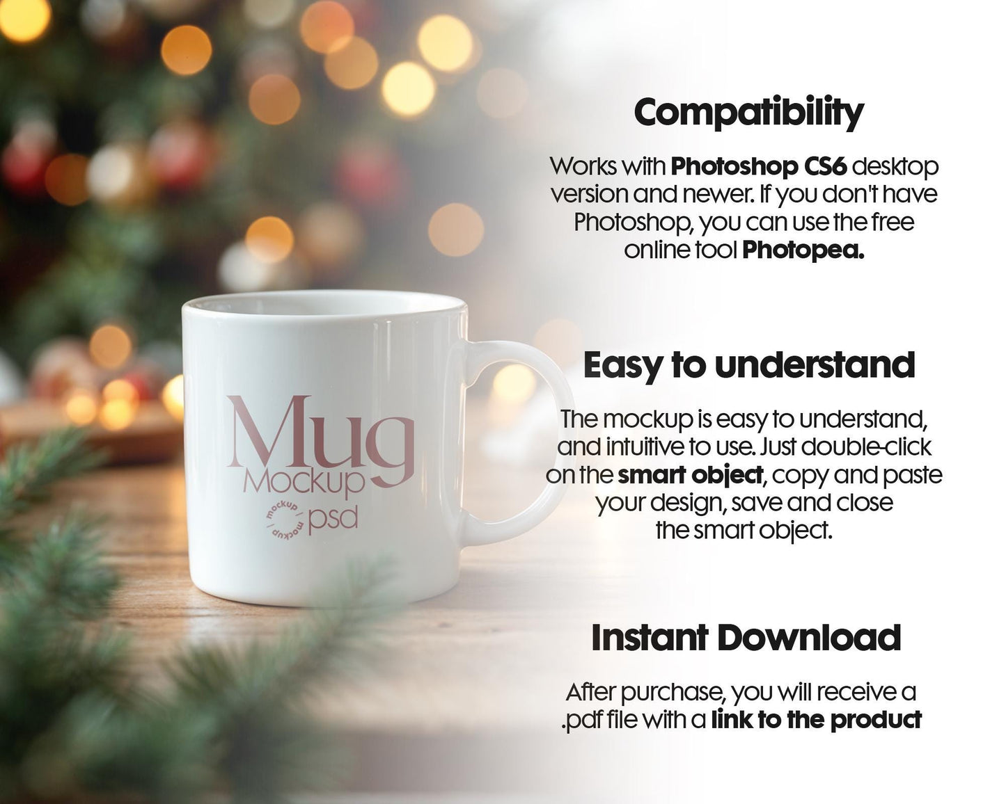 Christmas Mug Mockup PSD, Winter White Ceramic Cup Mockup Coffee Mug Mockups, White Coffee Mug 11oz Holidays Mockup