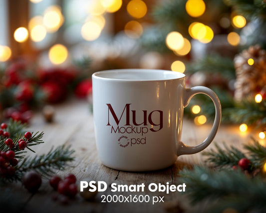 Christmas Mug Mockup PSD, Winter White Ceramic Cup Mockup Coffee Mug Mockups, White Coffee Mug 11oz Holidays Mockup