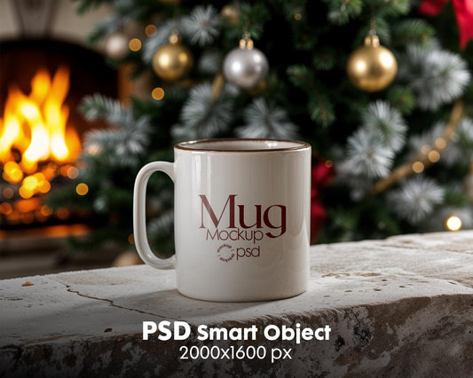 Christmas Mug Mockup PSD, Winter White Ceramic Cup Mockup Coffee Mug Mockups, White Coffee Mug 11oz Holidays Mockup