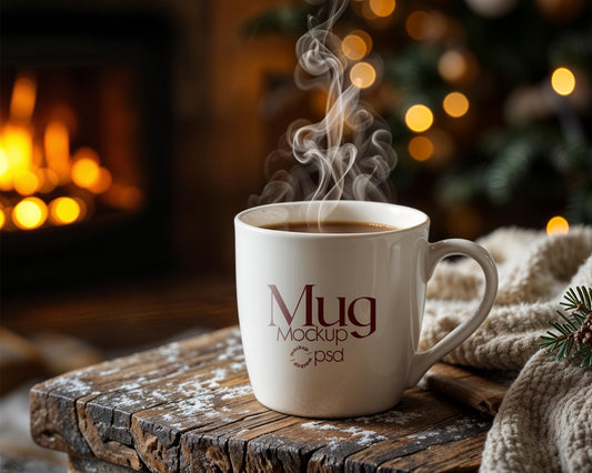 Christmas Mug Mockup PSD, Winter White Ceramic Cup Mockup Coffee Mug Mockups, White Coffee Mug 11oz Holidays Mockup