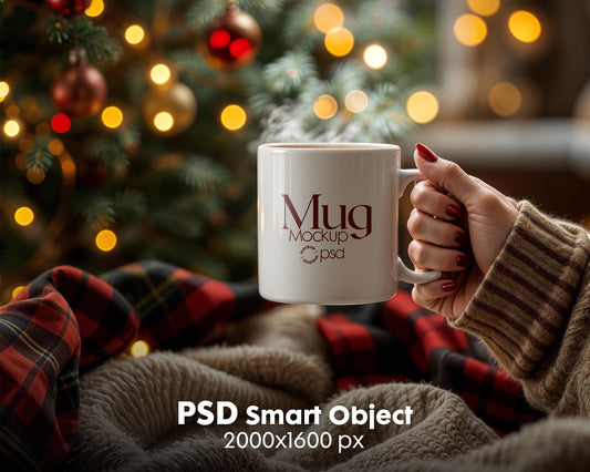 Christmas Mug Mockup PSD, Winter White Ceramic Cup Mockup Coffee Mug Mockups, White Coffee Mug 11oz Holidays Mockup