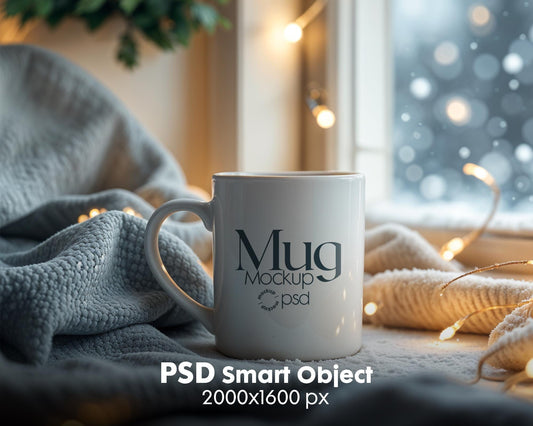 Christmas Mug Mockup PSD, Winter White Ceramic Cup Mockup Coffee Mug Mockups, White Coffee Mug 11oz Holidays Mug Mockup